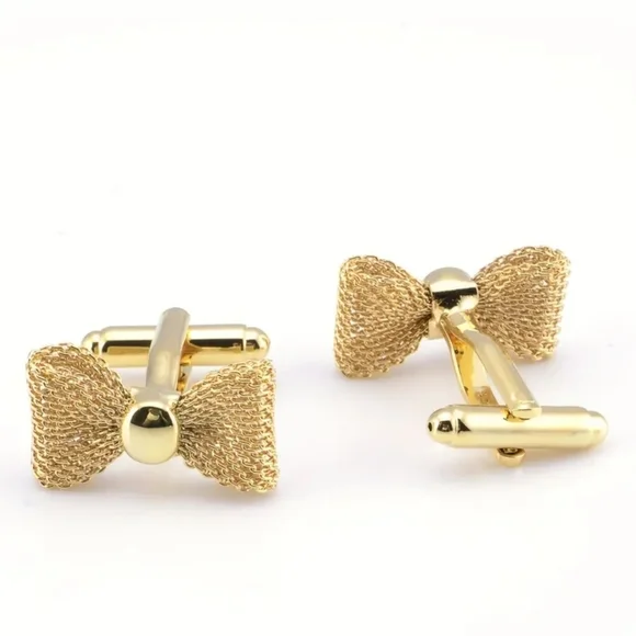 Elegant Gold Mesh Bow Cufflinks Classic Gold Tone Formal Unisex - Picture 3 of 4